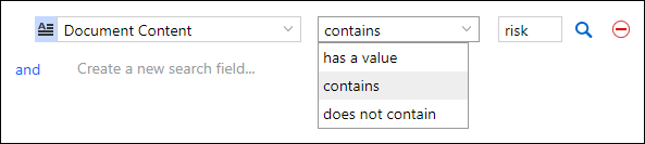 Search query on the Search page showing the Document Content field and the search expression operators.